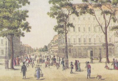 Ansicht des Hauses Nr. 46 in der Berliner Straße Unter den Linden, um 1820. (Späterer Standort des Victoria-Cafés und des Victoria-Hotels.)